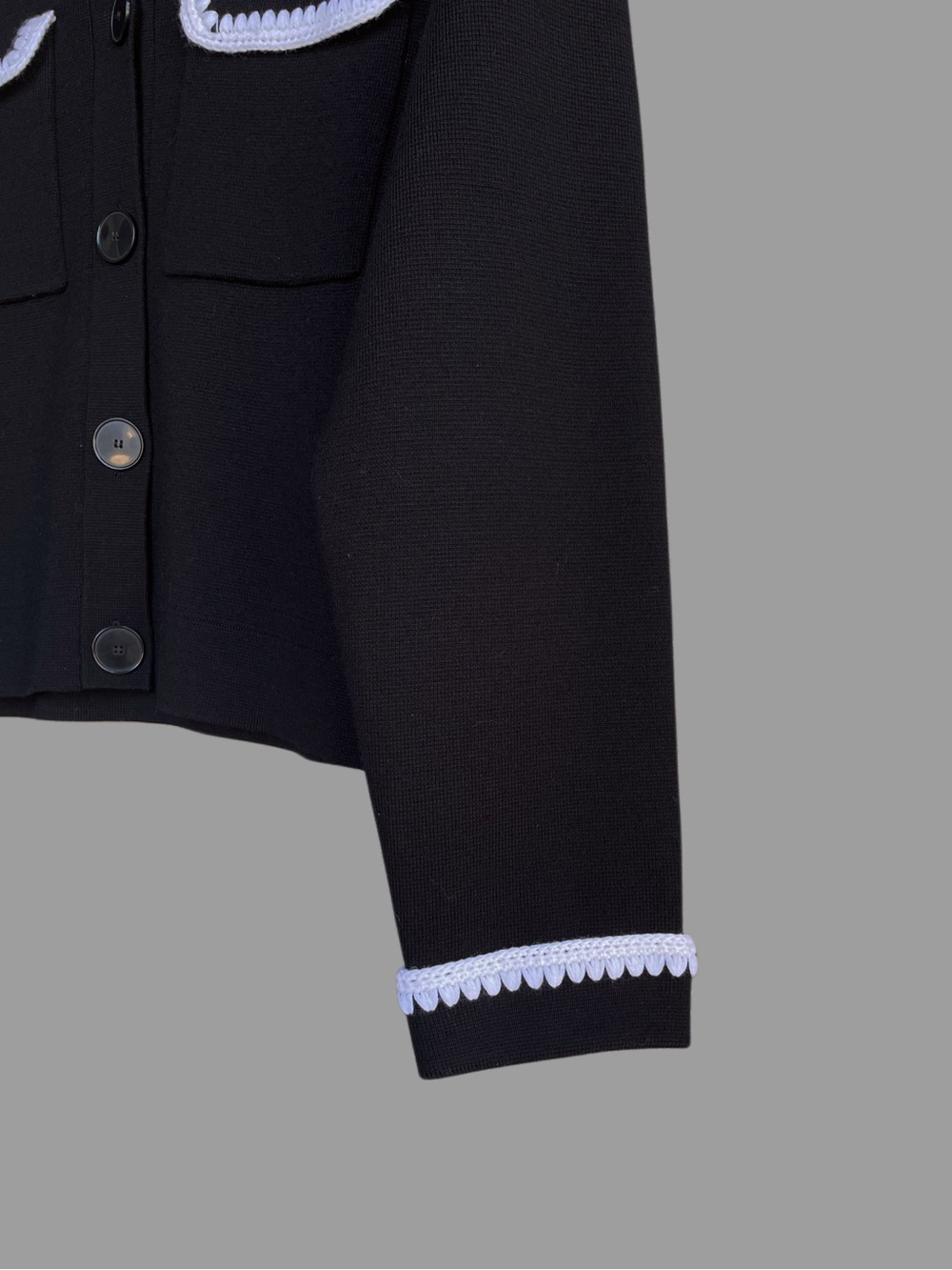 SEZANE Black Merino Wool Knit Collared Betty Cardigan w/ White Crochet Details - Picture 7 of 17